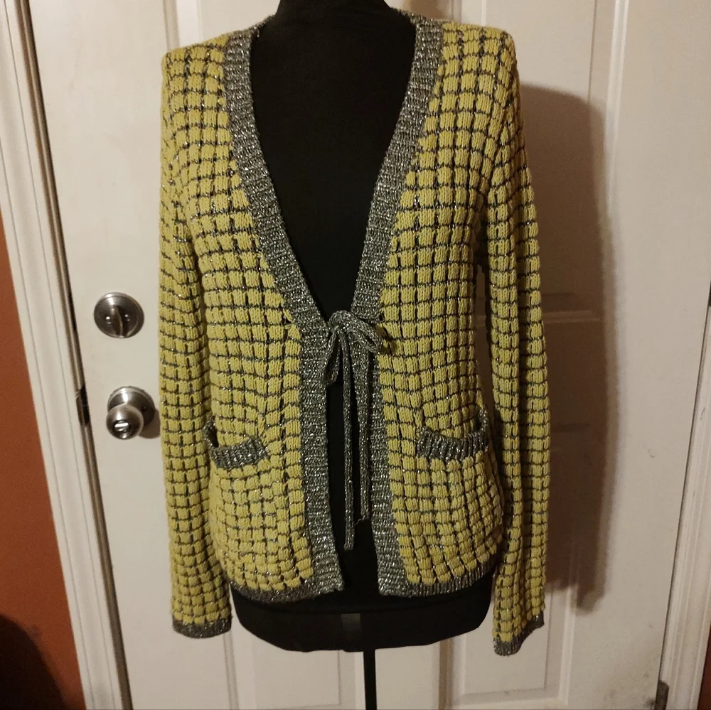 🌿🩶🌿 Gorgeous Chartreuse & Silver Metallic Open Weave Tie Cardigan - S - Picture 2 of 16